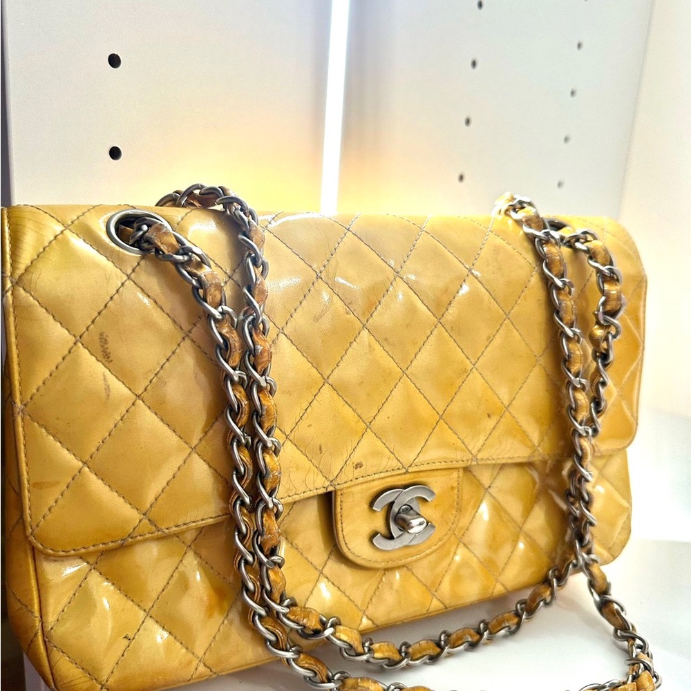 CHANEL Yellow Quilted Shoulder Bag with Chain Strap